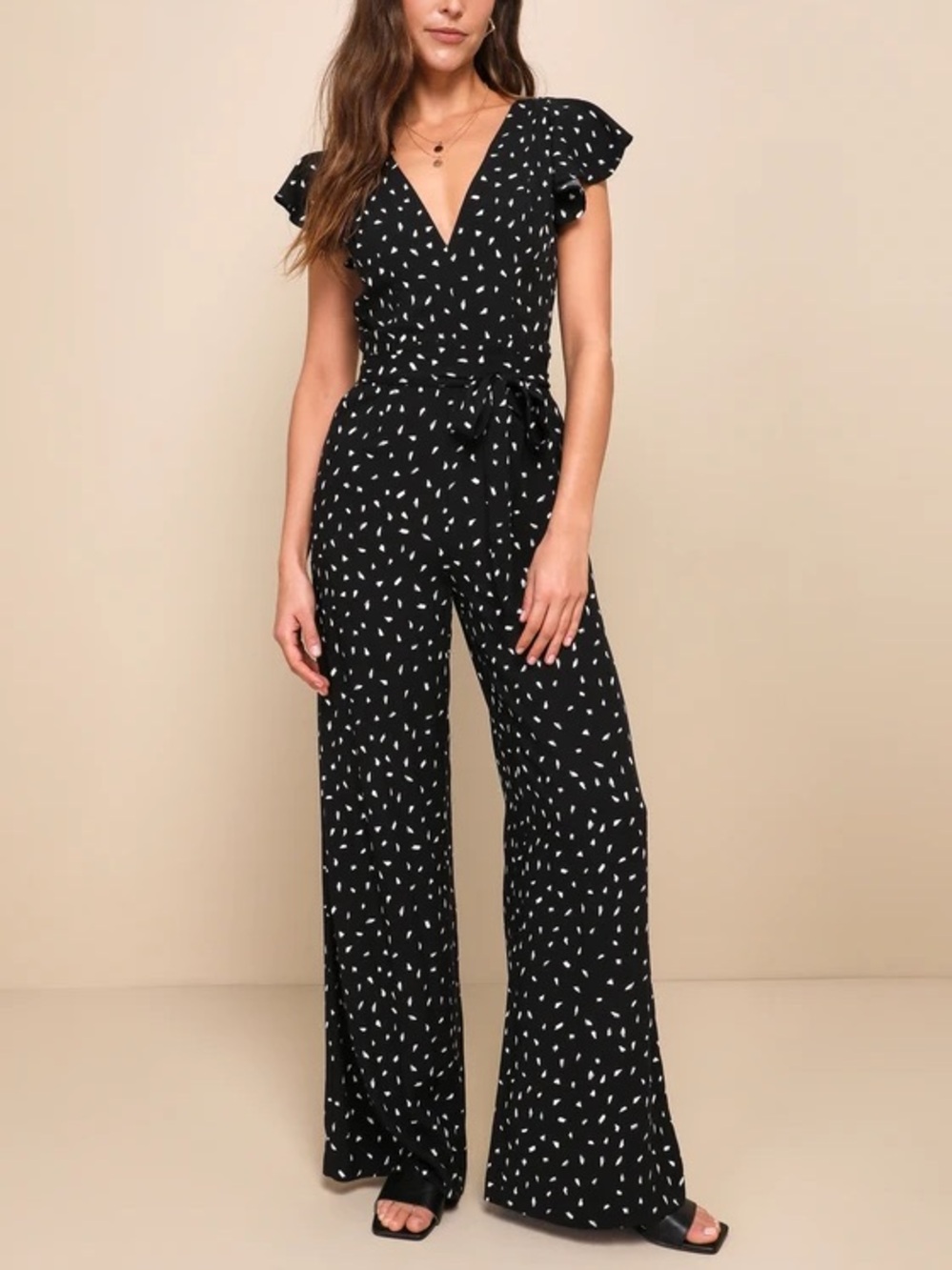 Lulu’s Fine Print Black and White Print Backless Jumpsuit